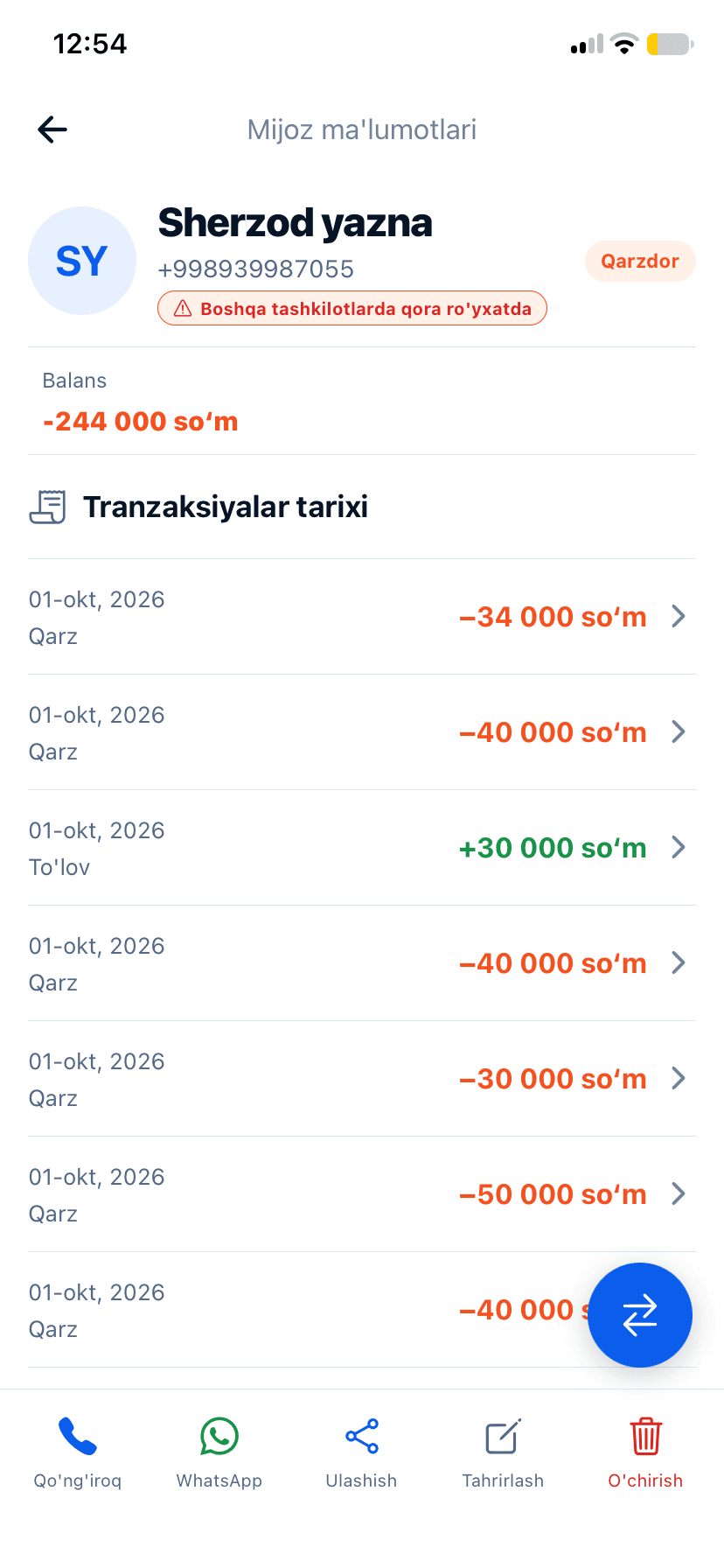 Mijoz sahifasi: balans va tranzaksiyalar tarixi