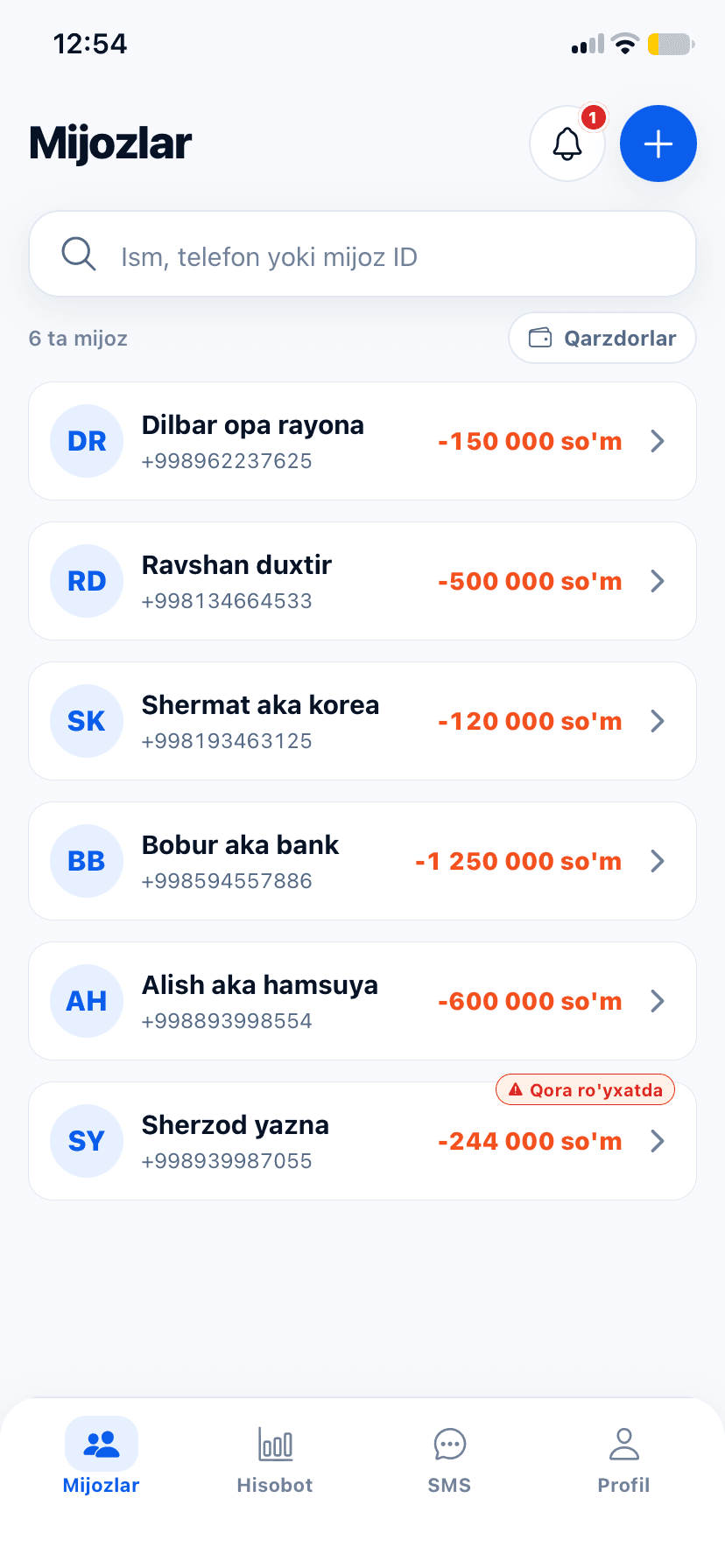 Qarz Daftar ilovasida mijozlar ro‘yxati