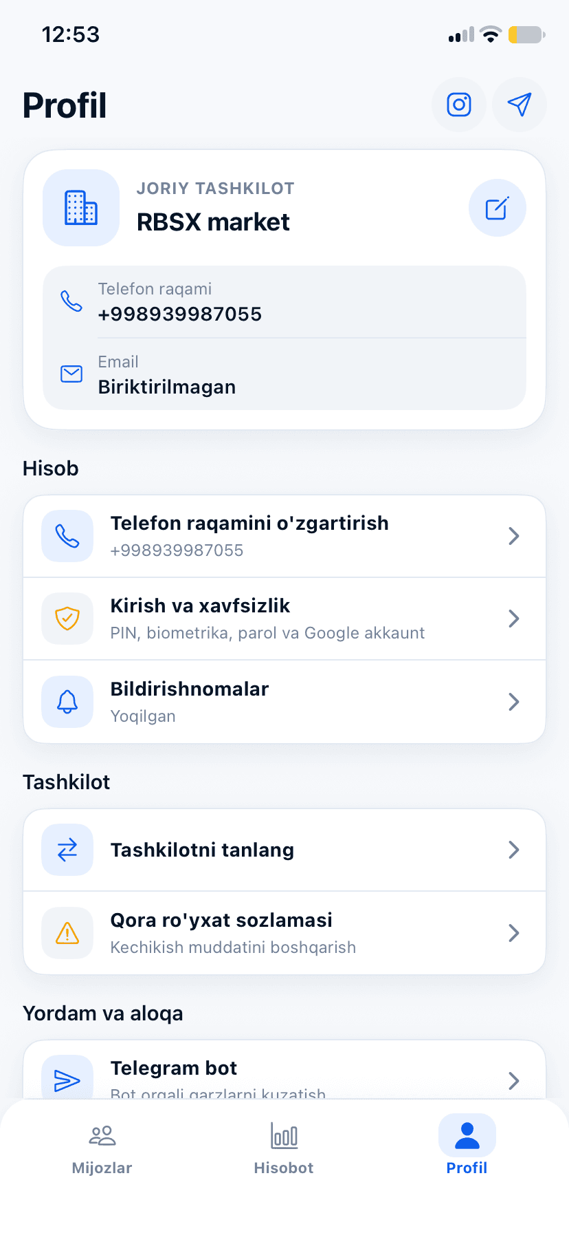 Profil ekrani: xavfsizlik, tashkilot va qora ro‘yxat sozlamalari