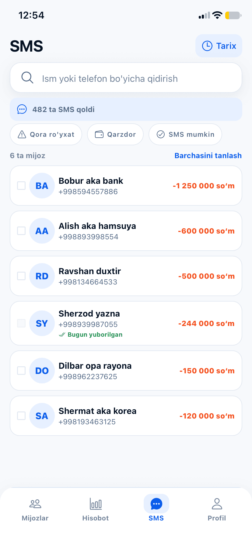 SMS bo‘limi: qarzdor mijozlar ro‘yxati va qolgan SMS soni